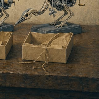 A kraft parcel tied with string on the workshop bench, the finished build standing over it.