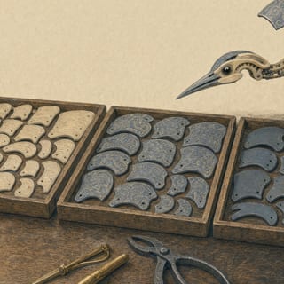 Three workshop trays of printed back-plates, no two patterns alike, the creature's head bent over the choice.