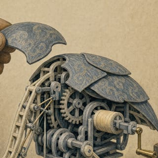 A storm-patterned back plate held mid-lift above the open shell it will dress.