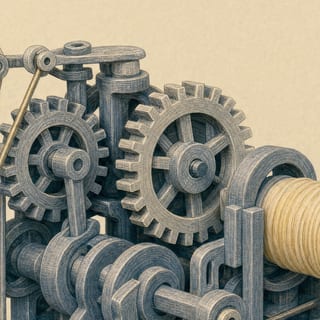 Two printed gear wheels meshing in the drive train, every tooth traceable.