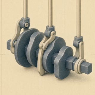 The three-cam stack on its square shaft, follower arms riding the lobes.