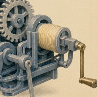 The wound band barrel and the small brass crank that winds it.