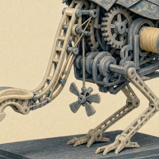 The governor fan hanging below the open mechanism, printed feet gripping the plinth.