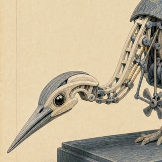 The keen dagger-beak head in profile against plain paper, construction line at the margin.
