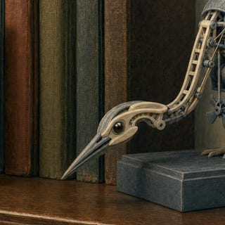 Cloth-bound spines on the sitting-room shelf, the creature's head bent among them.