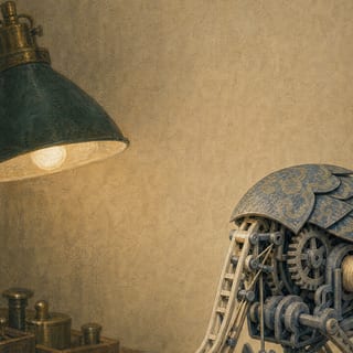 The green-shaded workshop lamp lit over the bench weights, the dressed shell at its edge.