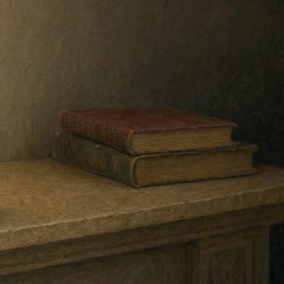 Two hardbacks on the mantel at dusk, lamplight falling from the left.