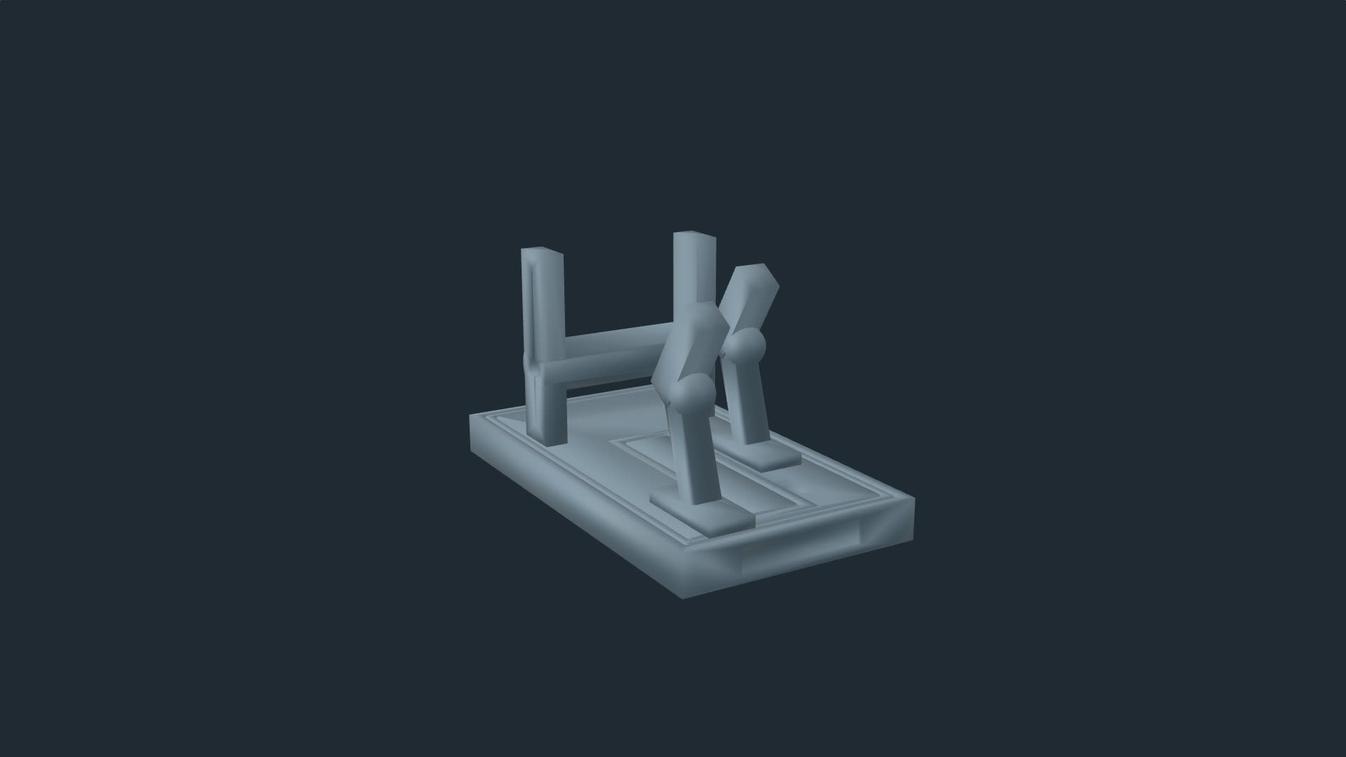 The Frame, alone: plinth, pillar and legs in slate grey, standing square, the bearing seats open along the pillar.
