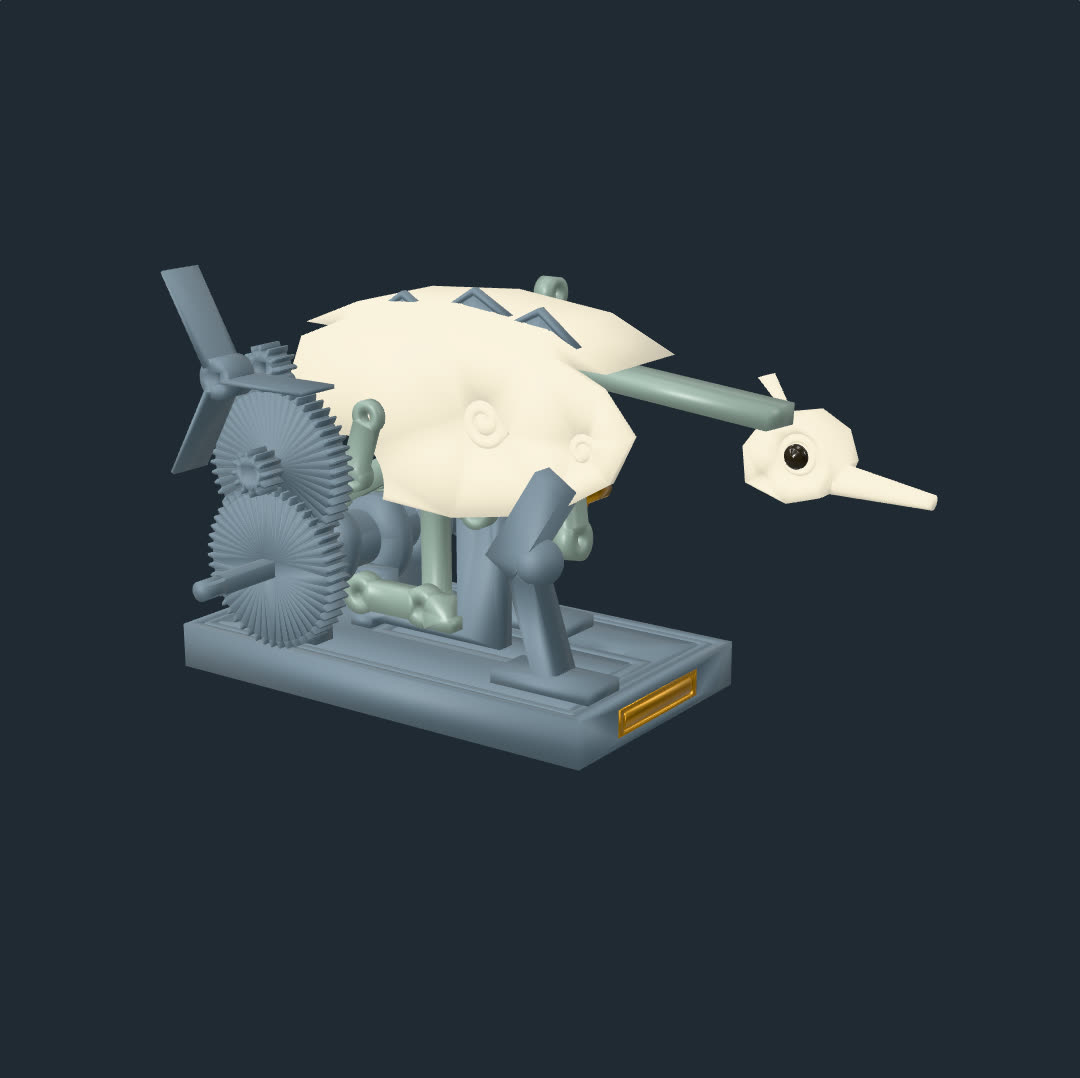 Sedge, a wind-up mechanical heron, standing low on a plinth with her working side visible: brass wheels, cams and linkages under slate-grey plates.